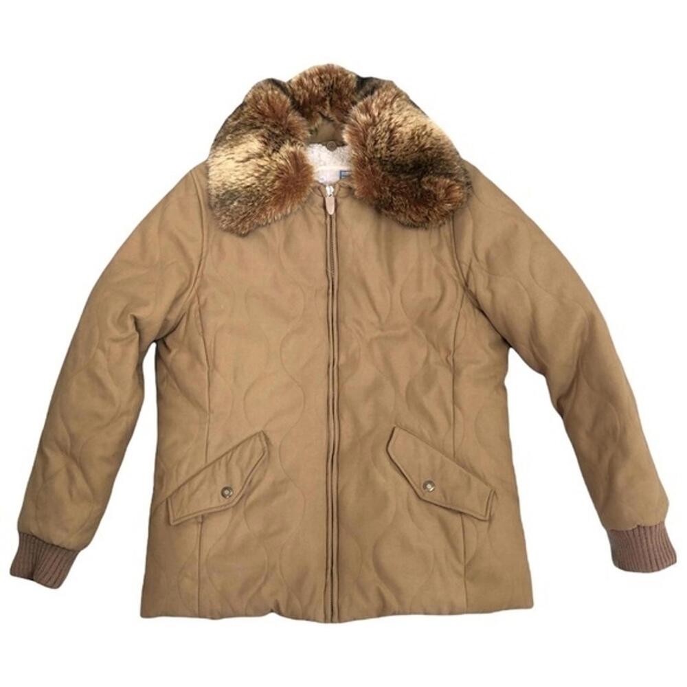 Faux suede down working puffer coat‎ women M w/ faux fur collar